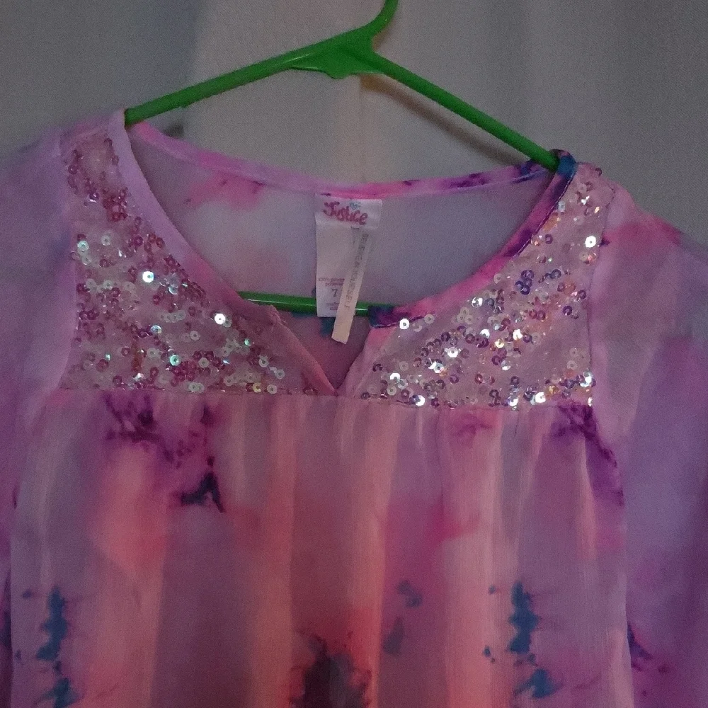 Justice Pink and Purple Tie-Dye Blouse with Sequin Detail